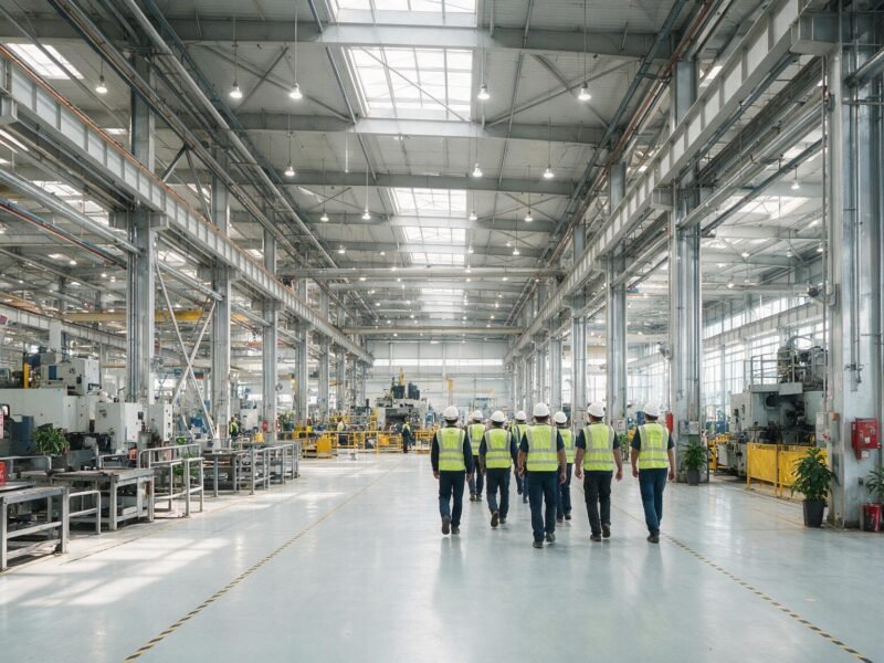 Industrial workers in hard hats and safety vests inside a manufacturing plant